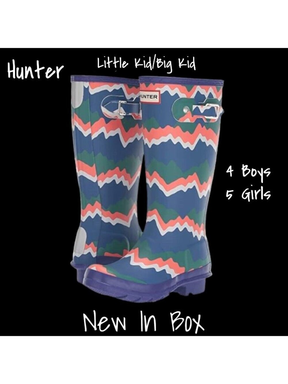 Hunter Kids Rain Boots Stripe Unisex Wellies Size 4 Boy 5 Girl - New In Box
